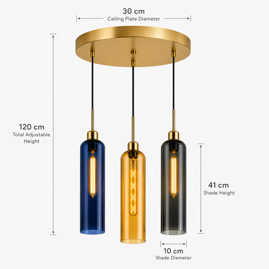 Coral Tree 3-Light Modern Glass Pendant Chandelier | Blue Amber Smoke Shades | Gold Round Ceiling Plate | Adjustable Hanging Light