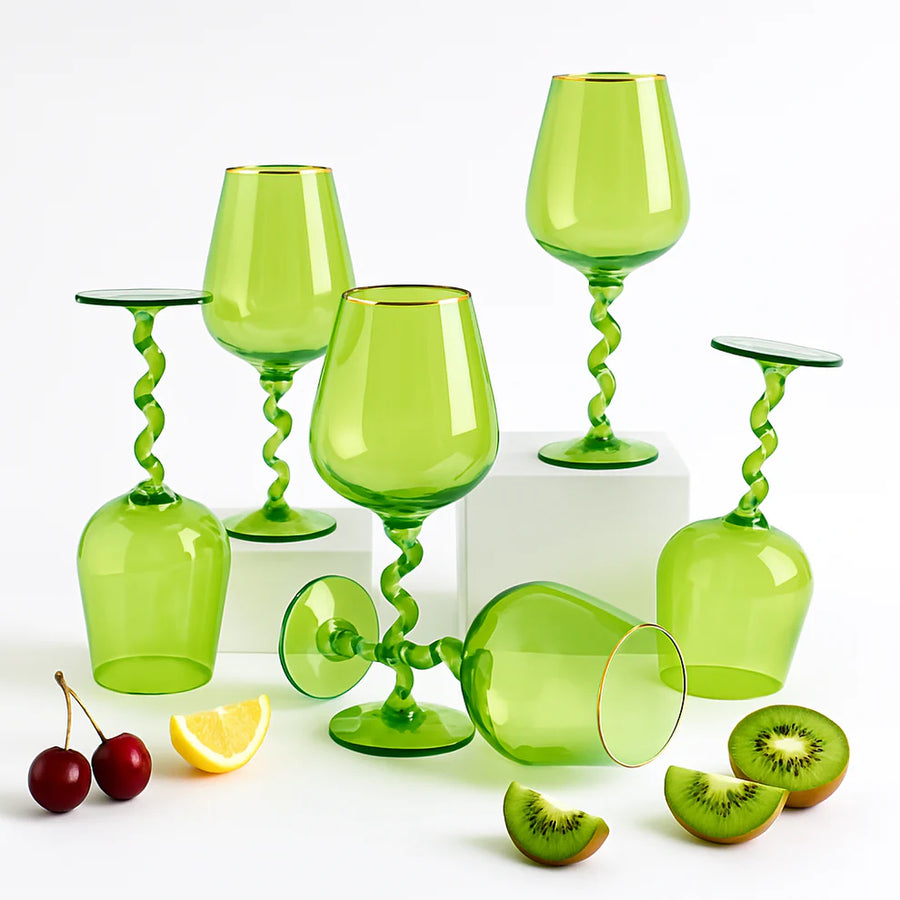 Coral Tree Green Twisted Stem Wine Glass Set of 2 | Designer Goblet | 550 ml