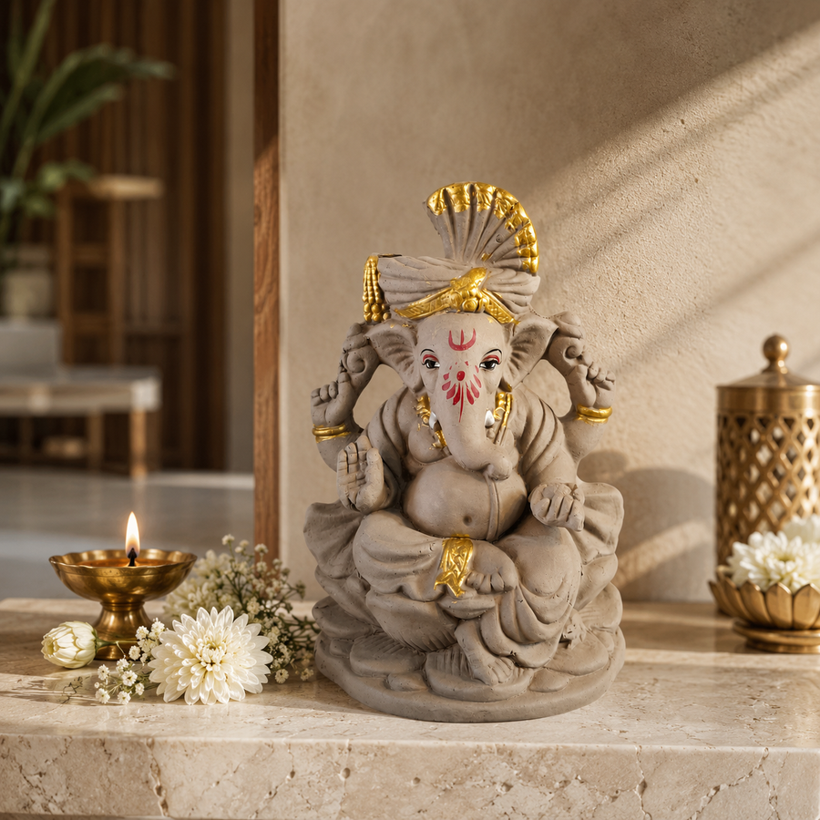 Eco-Friendly Lord Ganesha Idol with Traditional Turban & Gold Accents 7 inch – Handcrafted Decorative Ganpati Statue