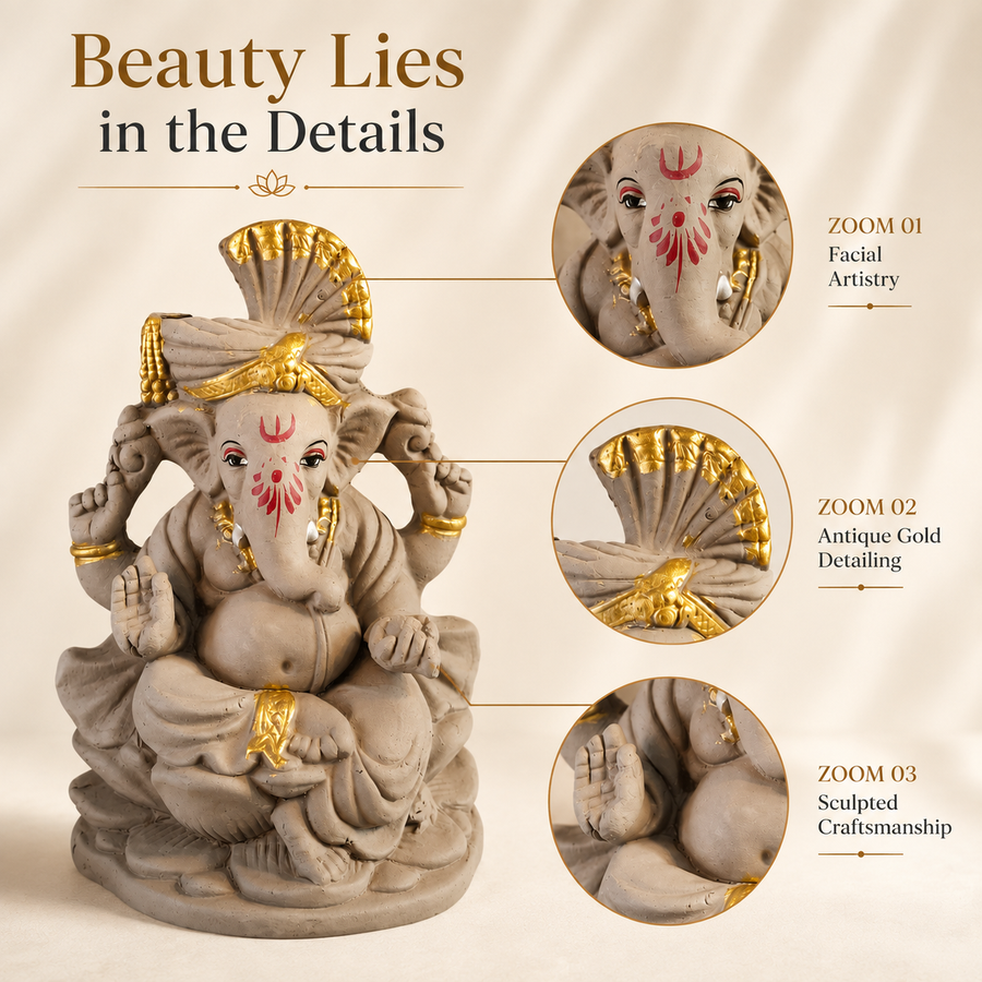 Eco-Friendly Lord Ganesha Idol with Traditional Turban & Gold Accents 7 inch – Handcrafted Decorative Ganpati Statue