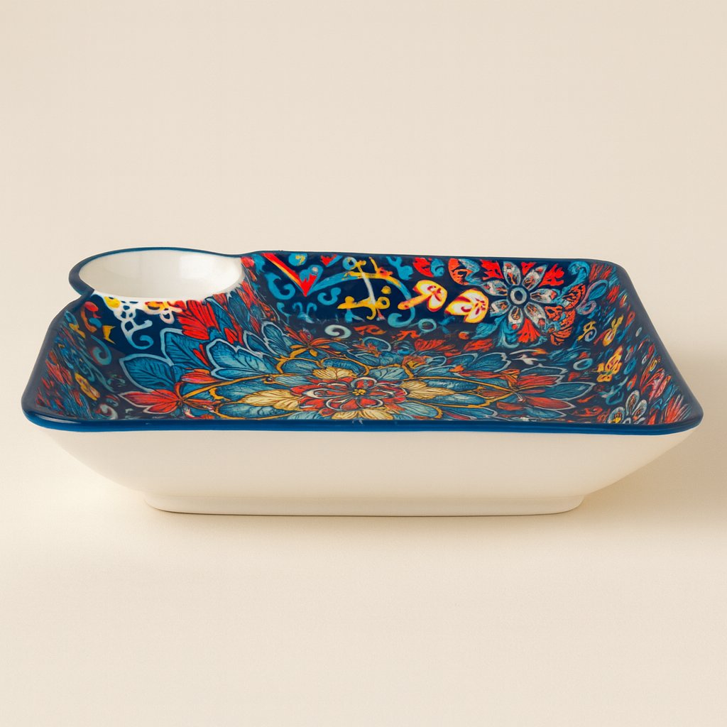Premium Ceramic Snack Plate with Dip Bowl – 24 x 24 cm Square Serving Dish