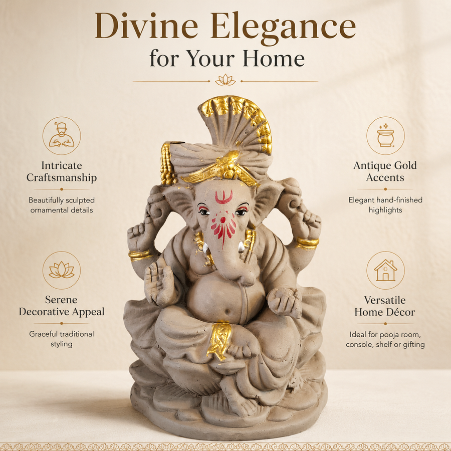 Eco-Friendly Lord Ganesha Idol with Traditional Turban & Gold Accents 7 inch – Handcrafted Decorative Ganpati Statue