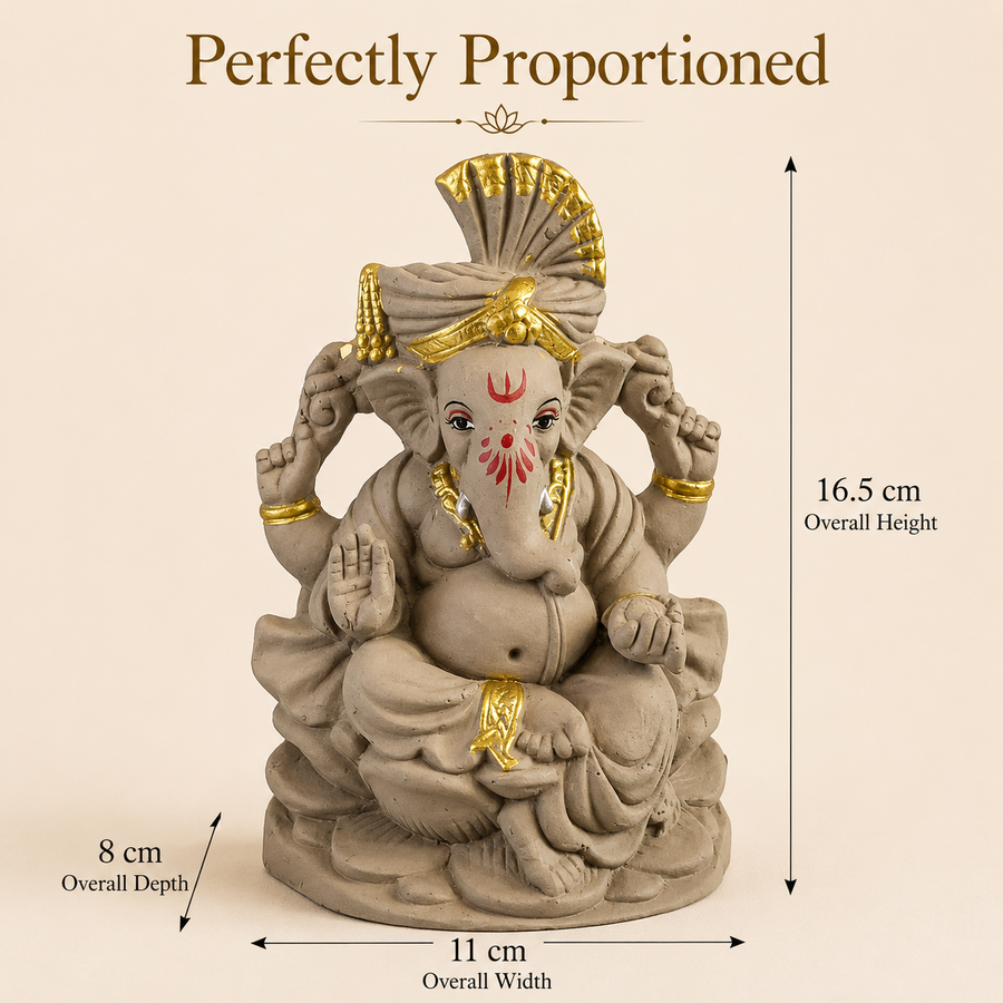Eco-Friendly Lord Ganesha Idol with Traditional Turban & Gold Accents 7 inch – Handcrafted Decorative Ganpati Statue