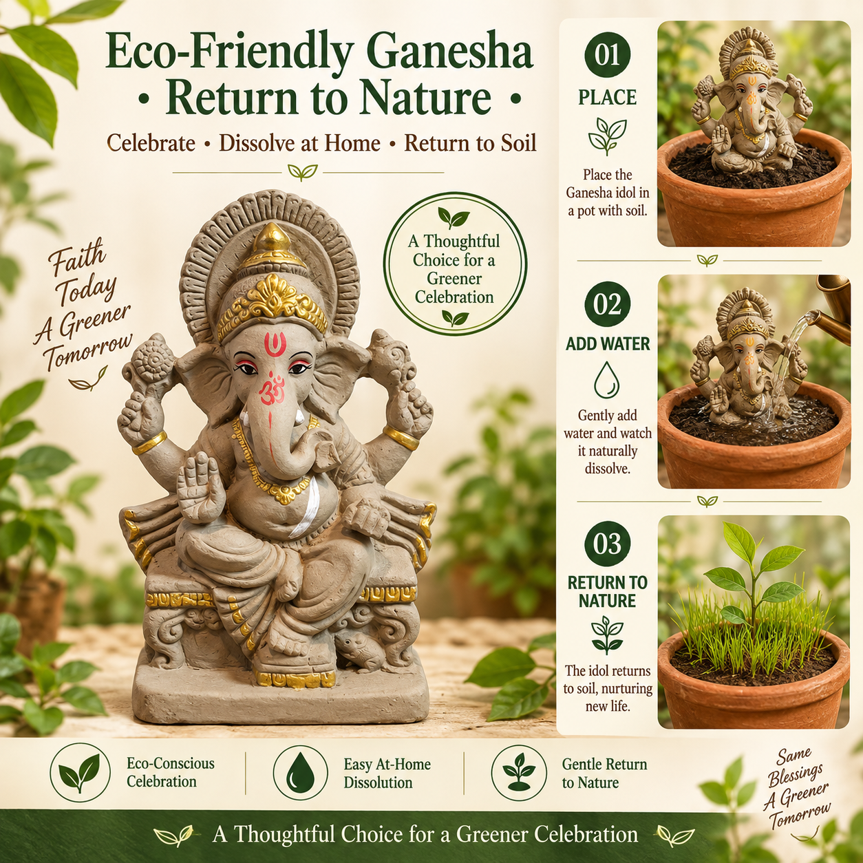 Eco-Friendly Lord Ganesha Idol on Royal Throne with Gold Accents 10 inch – Traditional Ganpati Statue