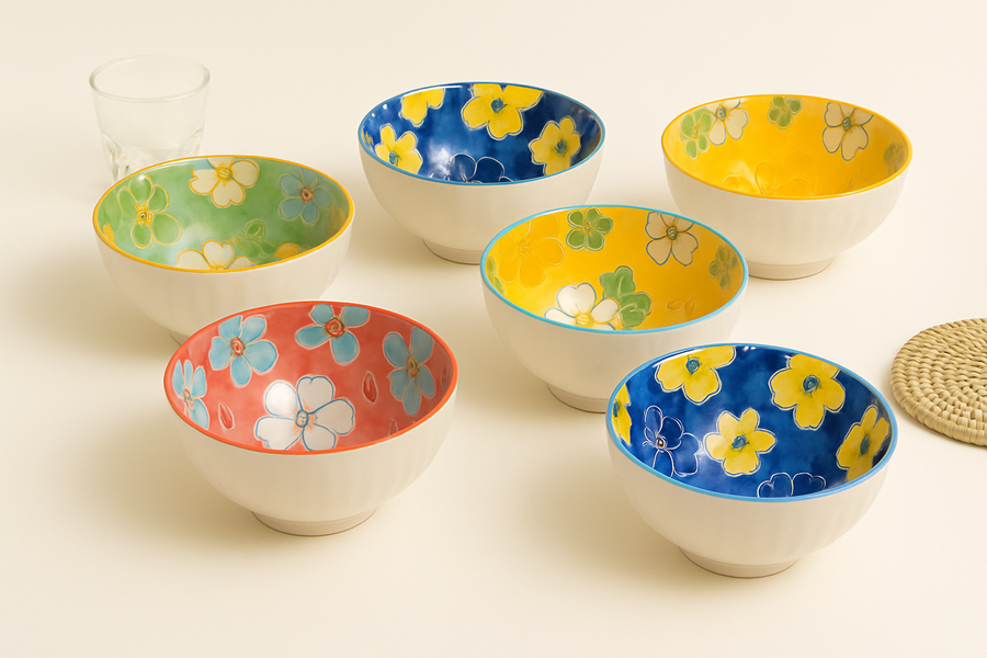 Coral Tree Set of 6 Ceramic Bowls | Hand-Painted Floral Design