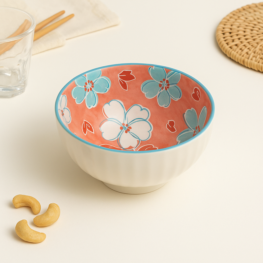 Coral Tree Set of 6 Ceramic Bowls | Hand-Painted Floral Design