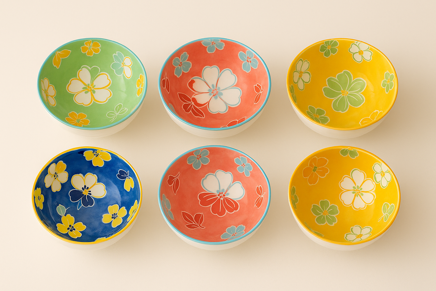 Coral Tree Set of 6 Ceramic Bowls | Hand-Painted Floral Design