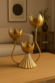 Elegant Brass Lotus Flower Candle Stand – 3-Arm Decorative Candelabra for Home Décor