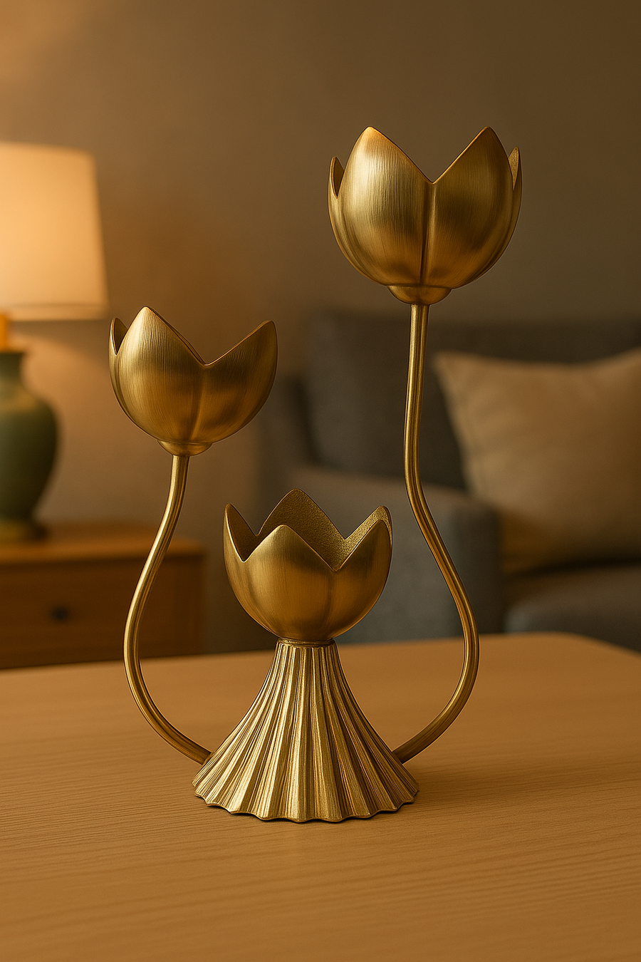 Elegant Brass Lotus Flower Candle Stand – 3-Arm Decorative Candelabra for Home Décor