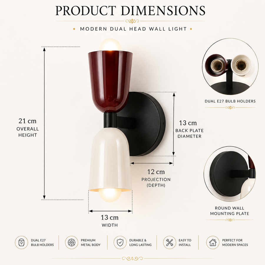 Modern Dual Head Wall Light | Metal Wall Sconce | Dual E27 Bulb Holder | Brown & White Finish | Indoor Decorative Wall Lamp