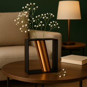 Modern Metal Frame Flower Vase with Golden Tube | Tabletop Decorative Centerpiece for Dining Table, Living Room & Office | (15 x 17 x 6 cm)