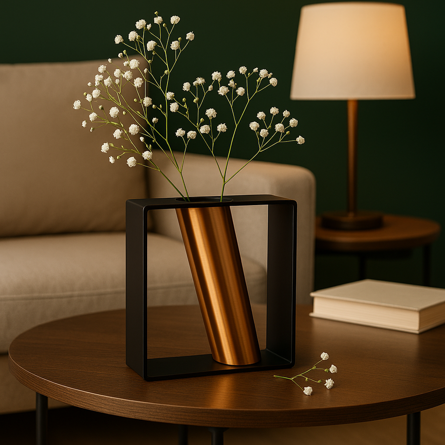 Modern Metal Frame Flower Vase with Golden Tube | Tabletop Decorative Centerpiece for Dining Table, Living Room & Office | (15 x 17 x 6 cm)