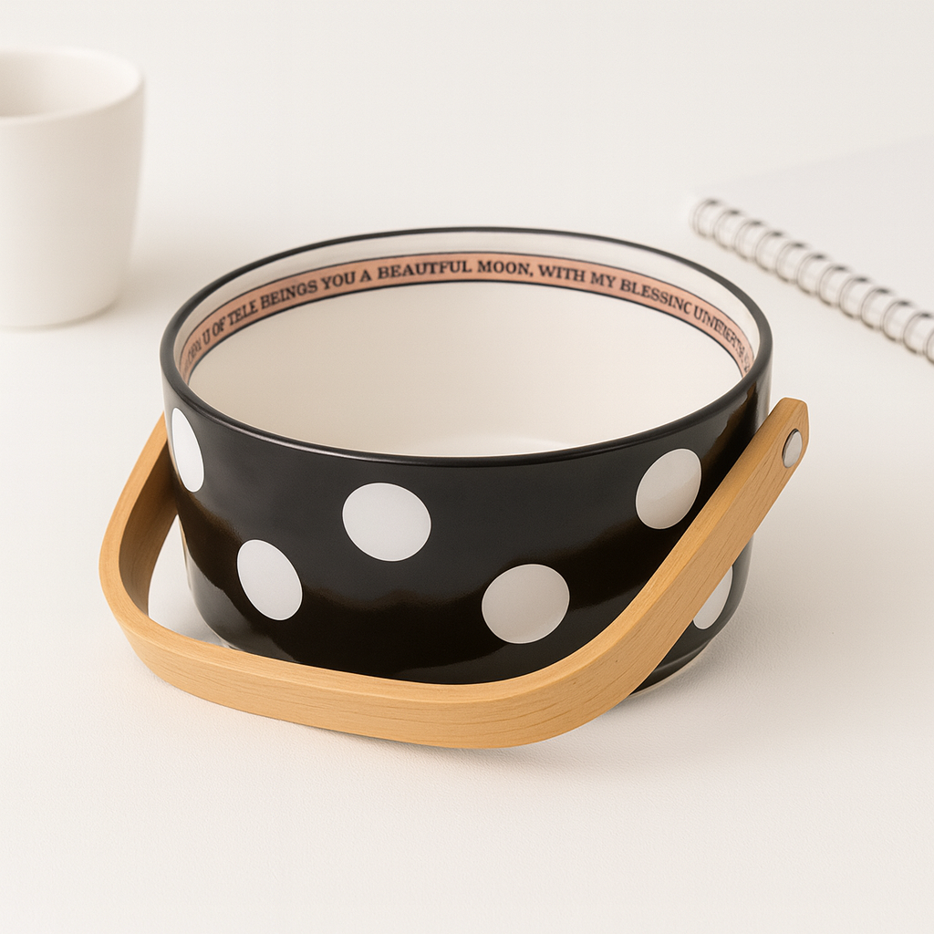 Polka Dot Ceramic Basket with Wooden Handle – Multipurpose Bowl for Snacks, Fruits & Decor