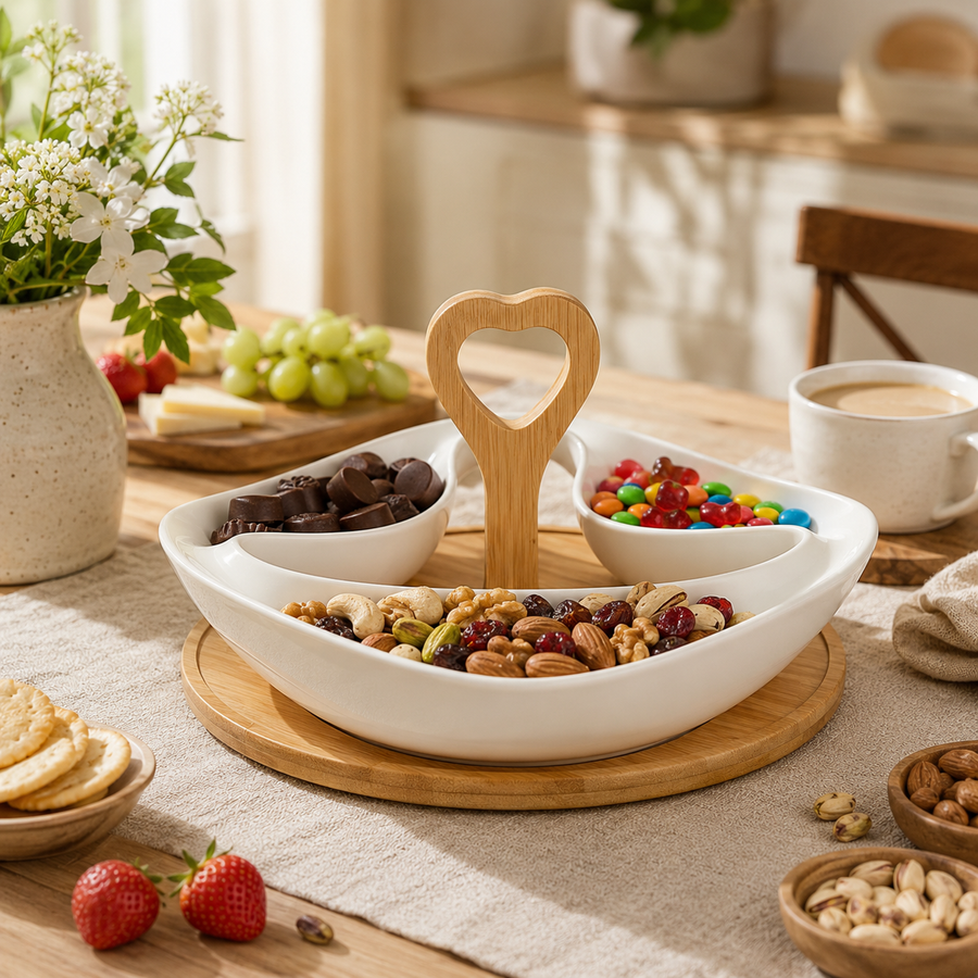 Heart Handle Ceramic Serving Bowl Set with Wooden Stand – 3-Compartment White Snack & Dry Fruit Server
