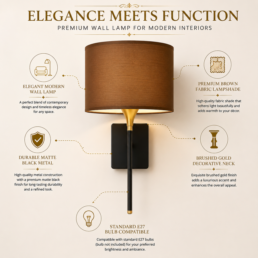 Modern Black & Gold Wall Light with Fabric Shade for Bedroom, Living Room & Hallway – Elegant Wall Lamp for Ambient Lighting