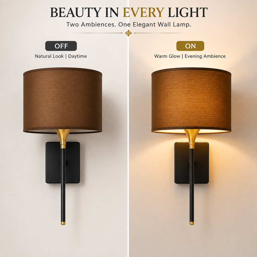 Modern Black & Gold Wall Light with Fabric Shade for Bedroom, Living Room & Hallway – Elegant Wall Lamp for Ambient Lighting