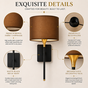 Modern Black & Gold Wall Light with Fabric Shade for Bedroom, Living Room & Hallway – Elegant Wall Lamp for Ambient Lighting