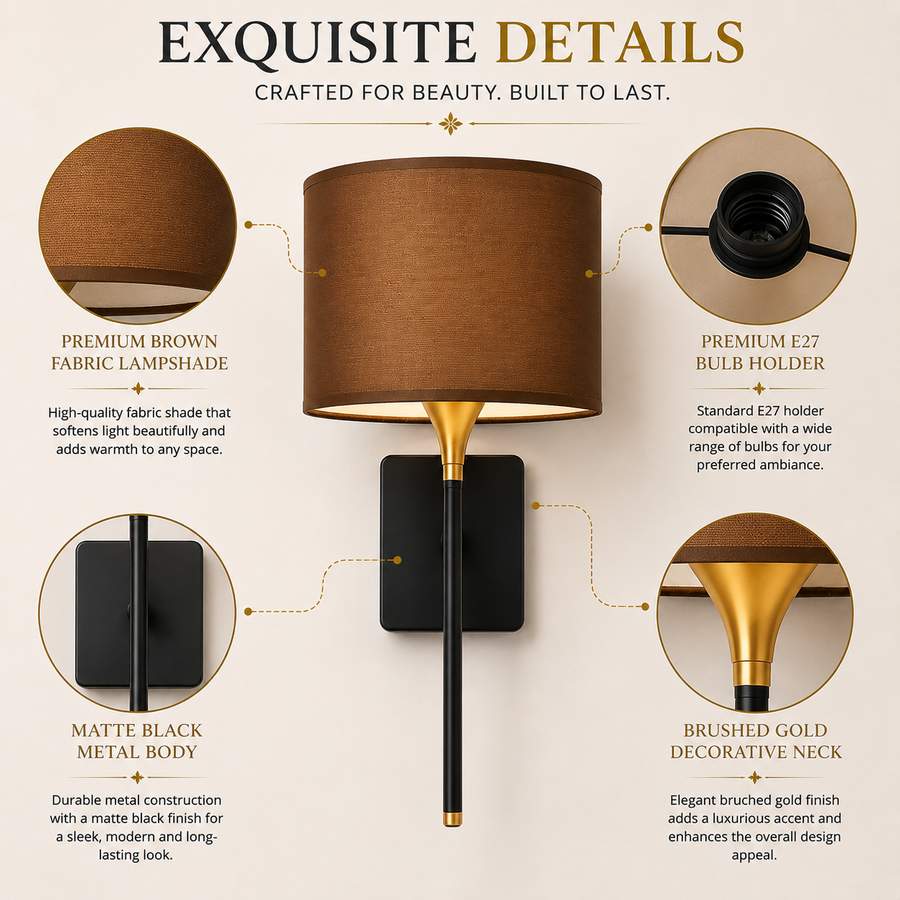 Modern Black & Gold Wall Light with Fabric Shade for Bedroom, Living Room & Hallway – Elegant Wall Lamp for Ambient Lighting