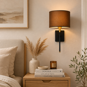 Modern Black & Gold Wall Light with Fabric Shade for Bedroom, Living Room & Hallway – Elegant Wall Lamp for Ambient Lighting