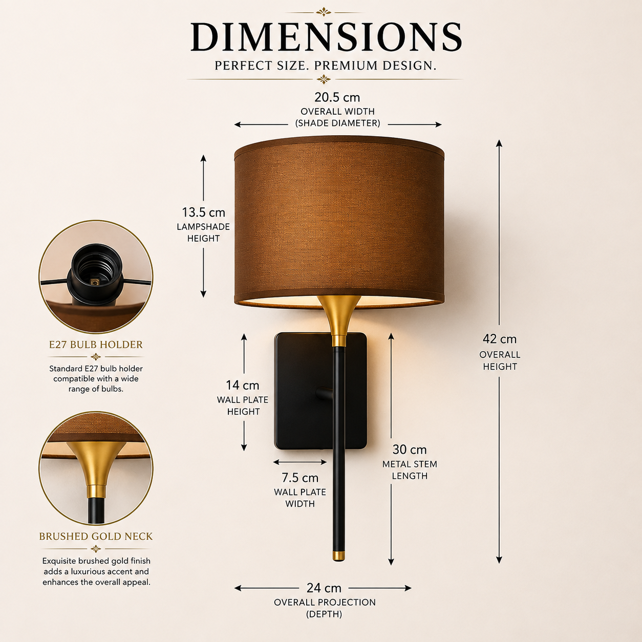 Modern Black & Gold Wall Light with Fabric Shade for Bedroom, Living Room & Hallway – Elegant Wall Lamp for Ambient Lighting