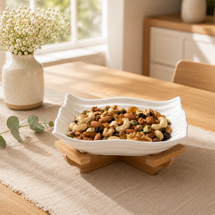 Ribbed Ceramic Serving Bowl with Bamboo Stand | Modern Snack & Fruit Bowl | Elegant Table Serving Dish