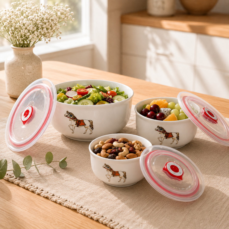 Set of 3 Ceramic  serving Bowl Set with Air tight Lids