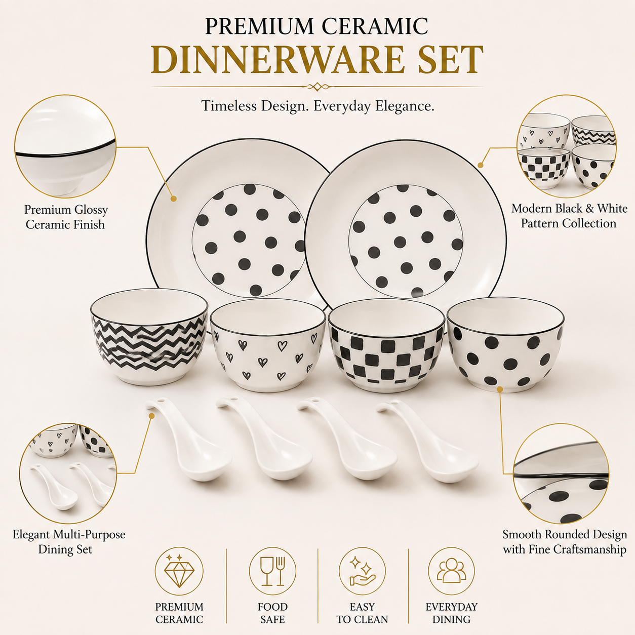 Classic Black & White Ceramic Soup Bowl Set – 4 Bowls, 2 Large Serving Bowls & 4 Soup Spoons