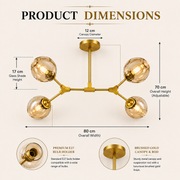 Modern 4-Light Amber Glass Pendant Chandelier with Brushed Gold Finish | E27 Hanging Ceiling Light