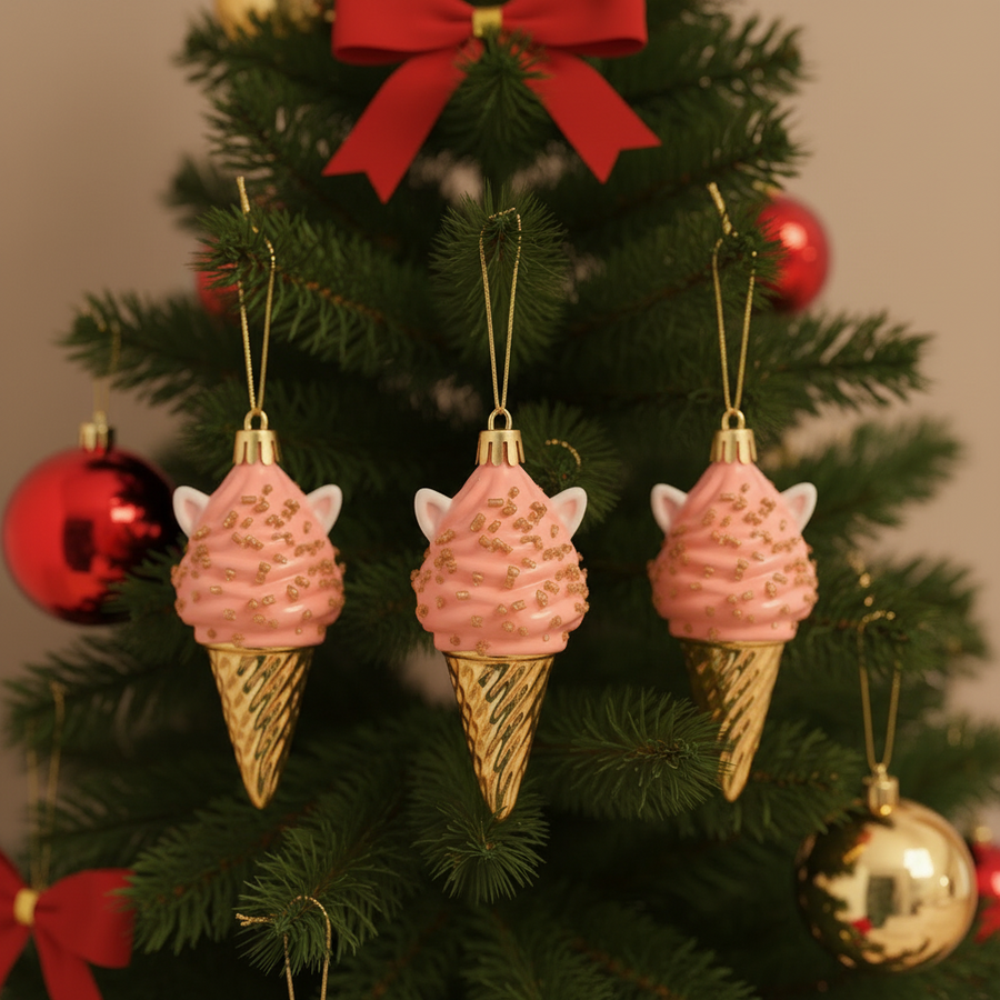 Pink Ice-Cream Christmas Tree Hanging Ornament – Cute Festive Cone Decor with Golden Sprinkles (Resin, Lightweight)