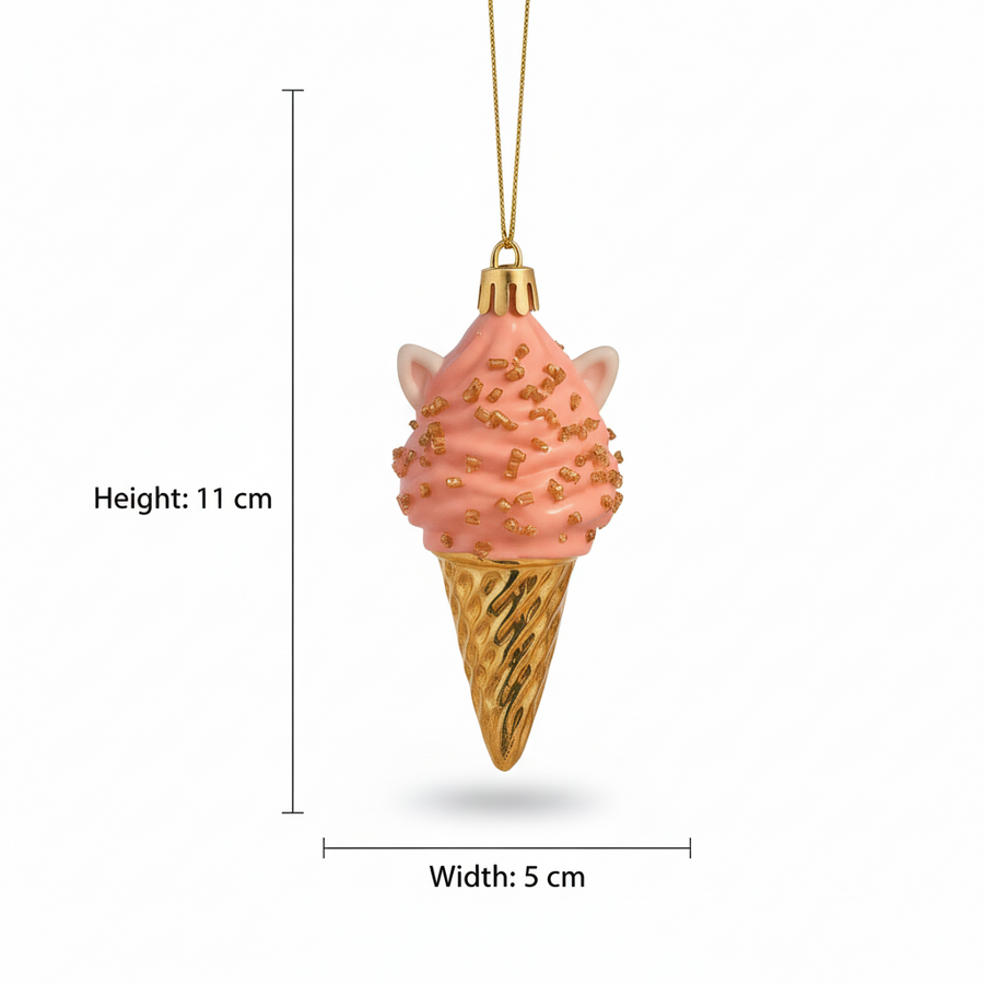Pink Ice-Cream Christmas Tree Hanging Ornament – Cute Festive Cone Decor with Golden Sprinkles (Resin, Lightweight)