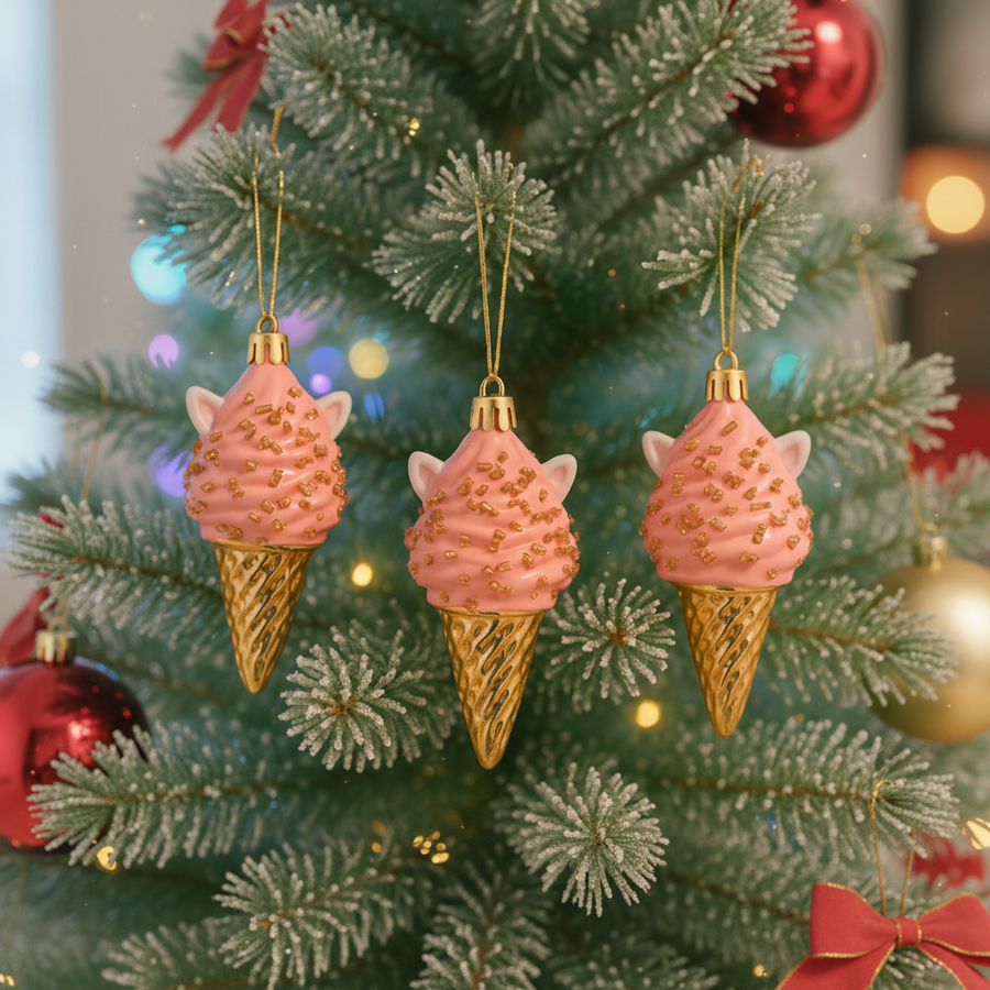 Pink Ice-Cream Christmas Tree Hanging Ornament – Cute Festive Cone Decor with Golden Sprinkles (Resin, Lightweight)