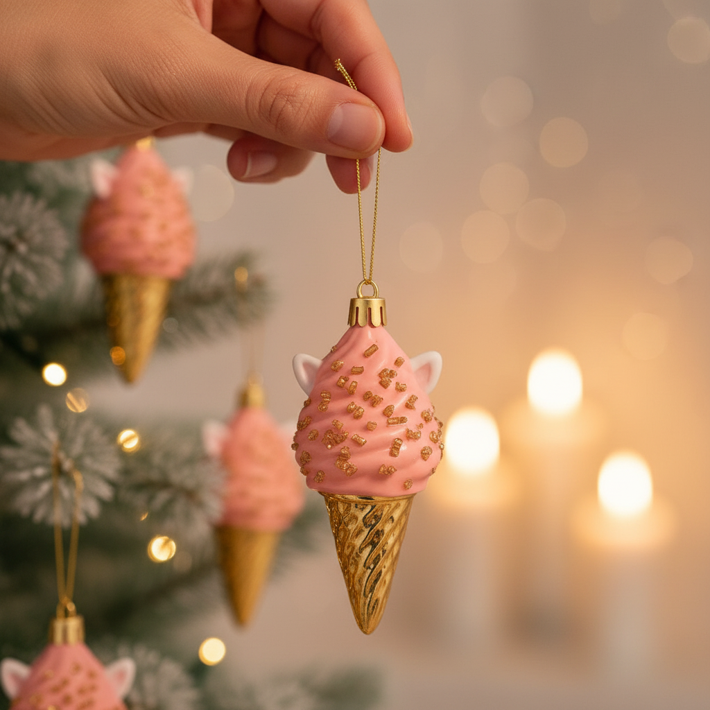 Pink Ice-Cream Christmas Tree Hanging Ornament – Cute Festive Cone Decor with Golden Sprinkles (Resin, Lightweight)