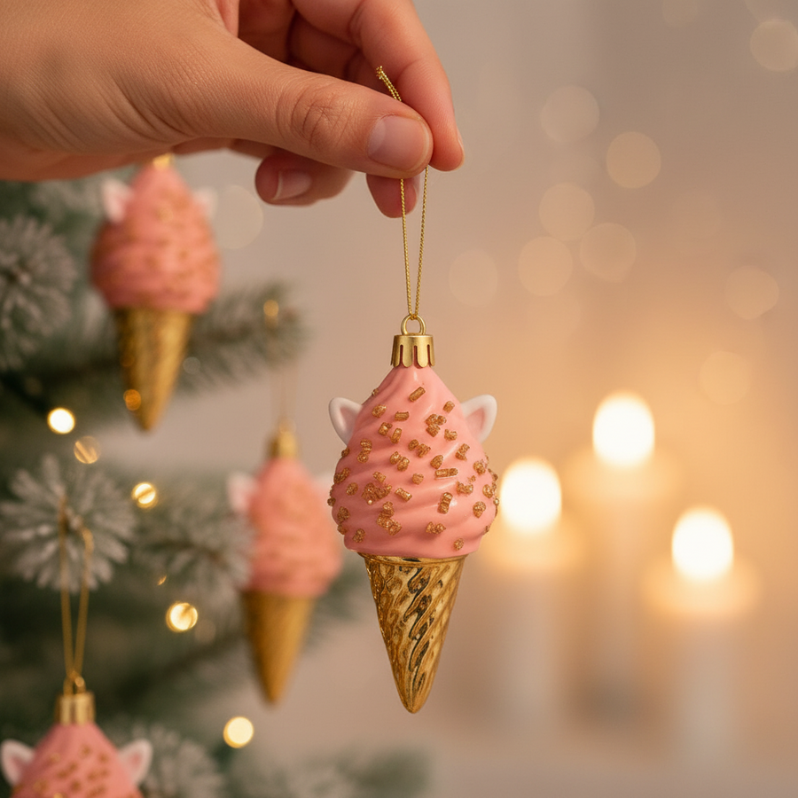 Pink Ice-Cream Christmas Tree Hanging Ornament – Cute Festive Cone Decor with Golden Sprinkles (Resin, Lightweight)