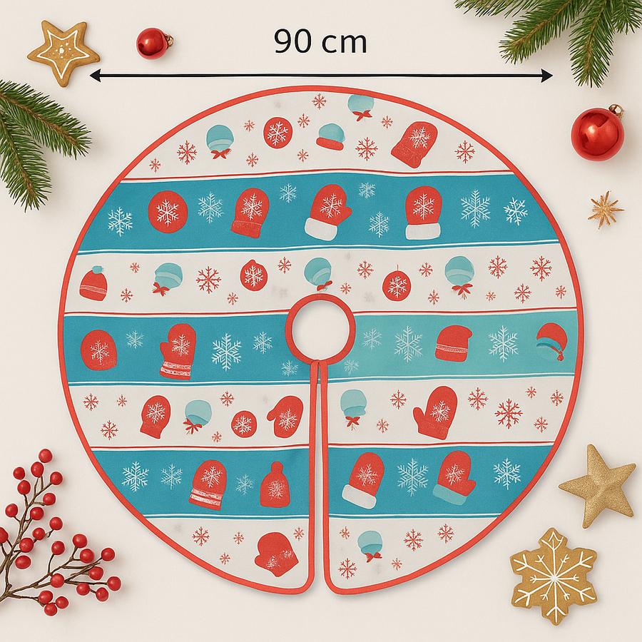 Christmas Tree Mat / Tree Skirt – 90 cm Diameter Festive Printed Floor Mat with Center Opening & Red Border