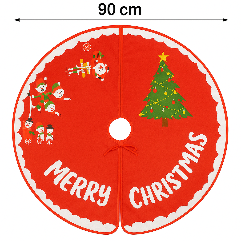 Christmas Tree Skirt / Mat – 90 cm Red Merry Christmas Tree Base Cover with Tie Thread, Decorative Lycra Fabric