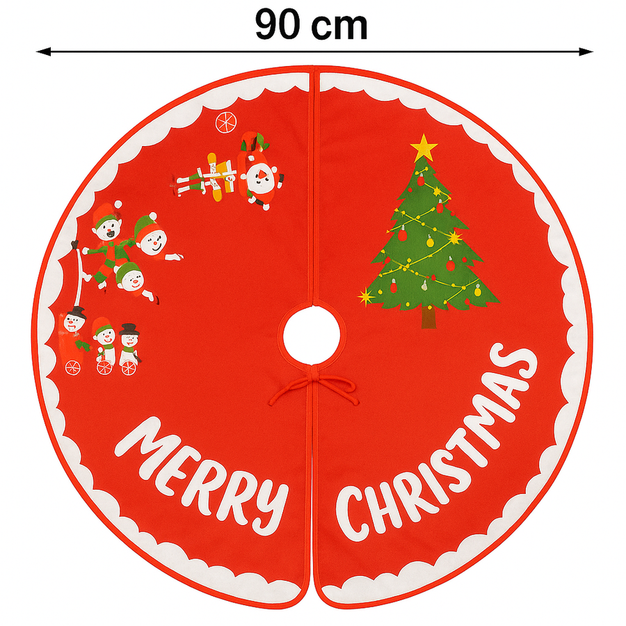 Christmas Tree Skirt / Mat – 90 cm Red Merry Christmas Tree Base Cover with Tie Thread, Decorative Lycra Fabric