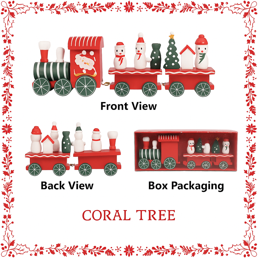 Coral Tree Wooden Christmas Mini Train Set – 24 cm Festive Tabletop Décor with Snowmen, Santa Engine & Christmas Tree – Handcrafted Wooden Holiday Decoration