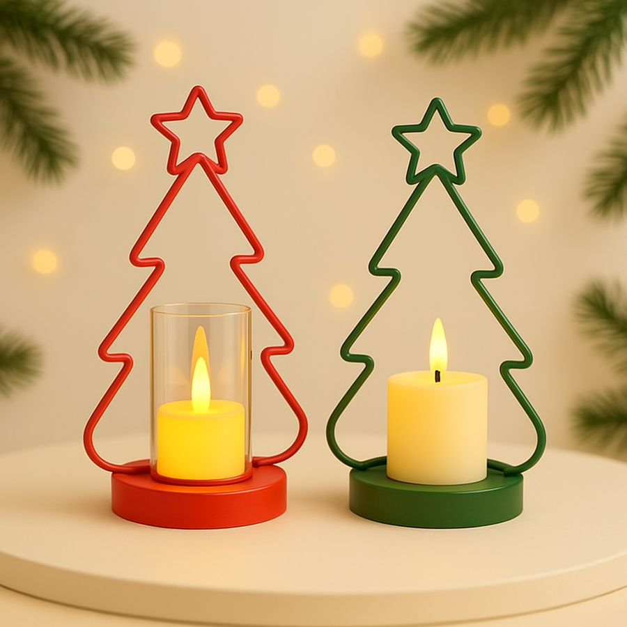 Coral Tree Set of 2 LED Christmas Tree Candle Holders – Red & Green Festive Lights