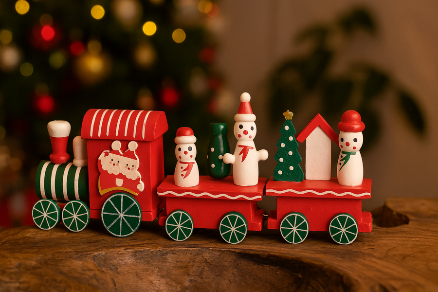 Coral Tree Wooden Christmas Mini Train Set – 24 cm Festive Tabletop Décor with Snowmen, Santa Engine & Christmas Tree – Handcrafted Wooden Holiday Decoration