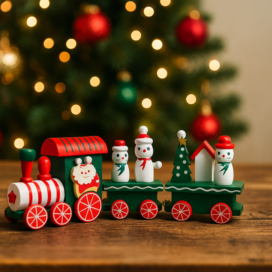 Coral Tree Wooden Christmas Mini Train Set – 24 cm Festive Tabletop Décor with Snowmen, Santa Engine & Christmas Tree – Handcrafted Wooden Holiday Decoration
