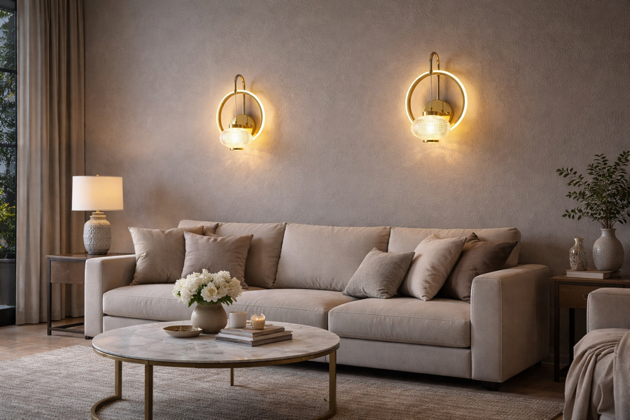 Modern LED Ring Wall Light with Crystal Globe | Warm White | Premium Gold Finish