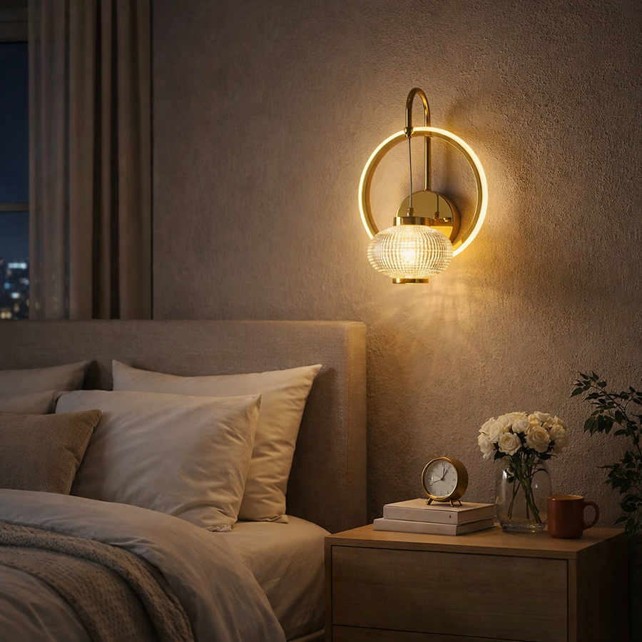 Modern LED Ring Wall Light with Crystal Globe | Warm White | Premium Gold Finish