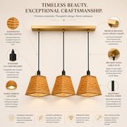 3-Light Handwoven Rattan Linear Pendant Light with Brushed Gold Canopy | E14 Holders