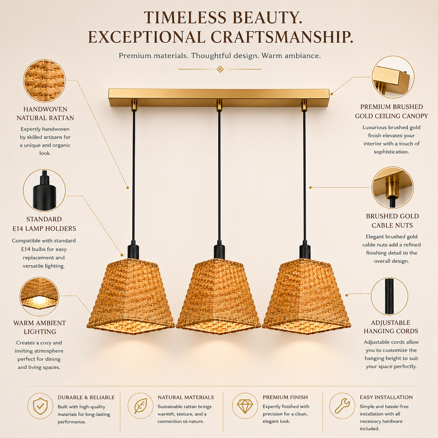 3-Light Handwoven Rattan Linear Pendant Light with Brushed Gold Canopy | E14 Holders