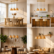 3-Light Handwoven Rattan Linear Pendant Light with Brushed Gold Canopy | E14 Holders