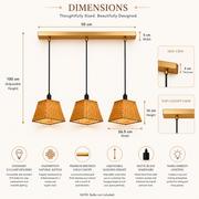 3-Light Handwoven Rattan Linear Pendant Light with Brushed Gold Canopy | E14 Holders