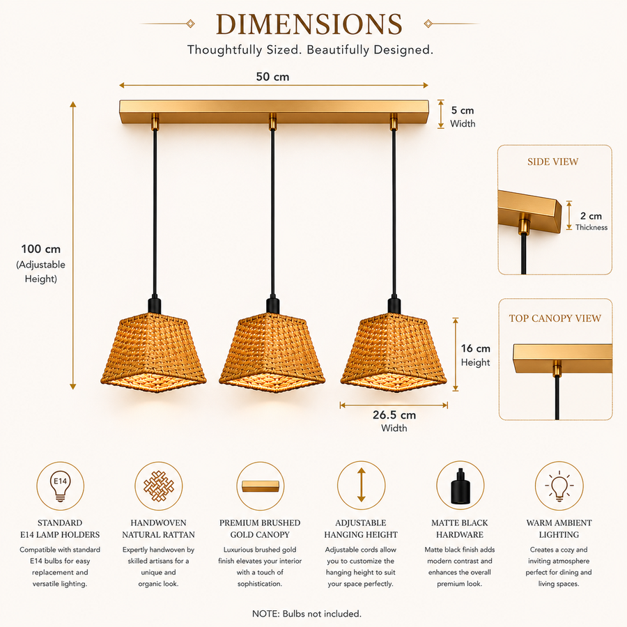 3-Light Handwoven Rattan Linear Pendant Light with Brushed Gold Canopy | E14 Holders