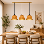 3-Light Handwoven Rattan Linear Pendant Light with Brushed Gold Canopy | E14 Holders
