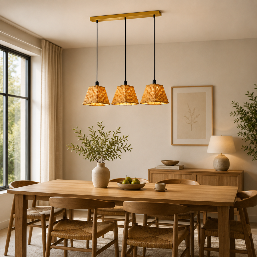 3-Light Handwoven Rattan Linear Pendant Light with Brushed Gold Canopy | E14 Holders