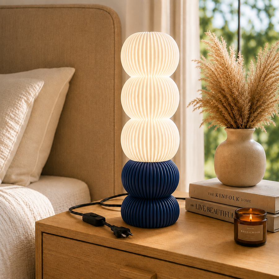 Modern Ribbed Table Lamp | Matte White & Dark Blue | E27 Decorative Bedside Lamp | Contemporary Sculptural Table Light